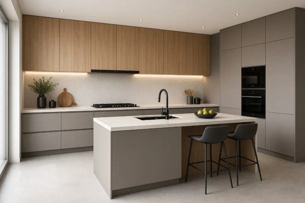 Greige Küche mit Holz-Oberschränken von Room Factory
