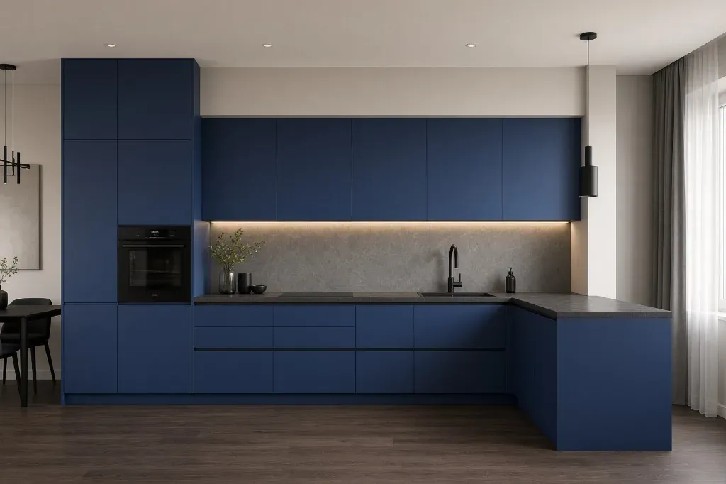Marineblaue Küche mit Steinrückwand von Room Factory